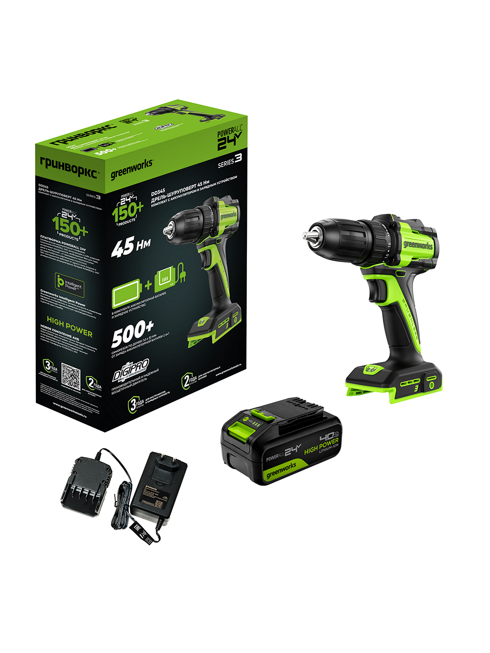 Дрель-шуруповерт Greenworks 24V, бесщеточная 27/45 Нм,13мм,1х4Ач, ЗУ, в коробке — фото 1