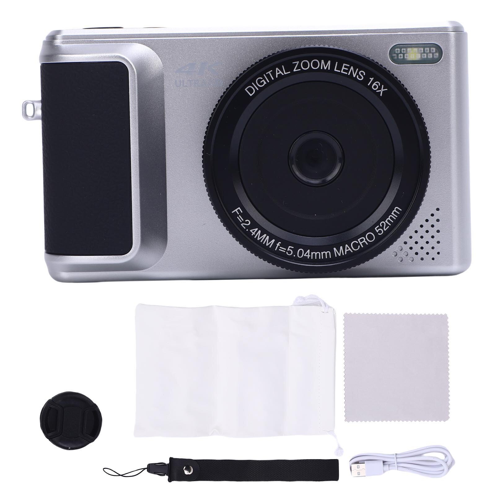 Цифровая фотокамера 4K с разрешением 64 Мп, HD-камера, автофокус, 16-кратный зум, ретро-модель, беззеркальная камера, видеокамера с поворотным экраном, серебристый цвет, для путешествий.