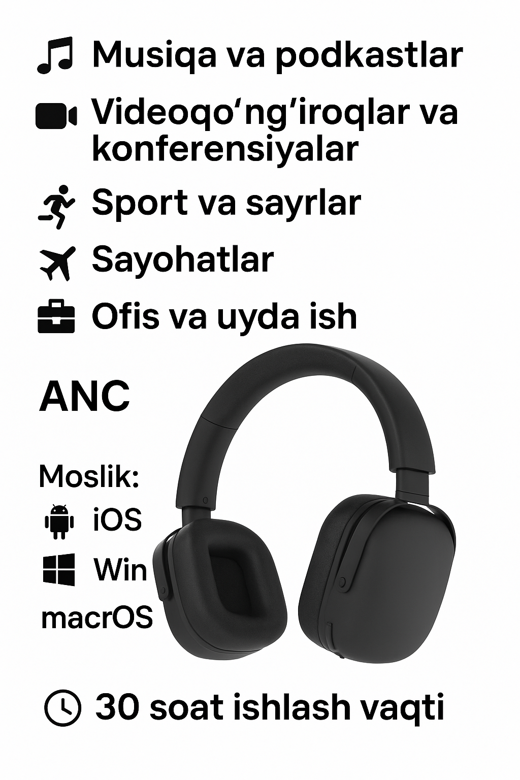 Наушники GREEN LION Echo Anc, Bluetooth, активное шумоподавление, 30 ч работы