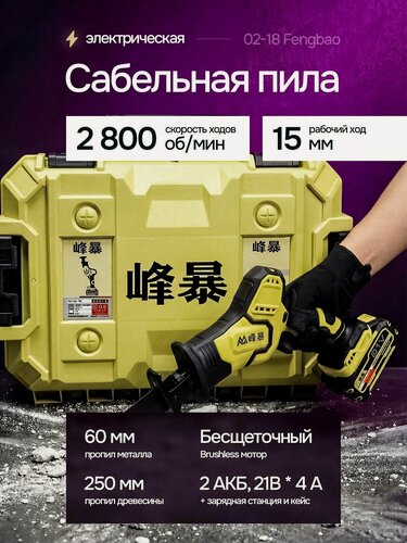 Изображение товара FENGBAO Сабельная пила аккумуляторная FB-0218, 2 АКБ 4ah 21v, в кейсе
