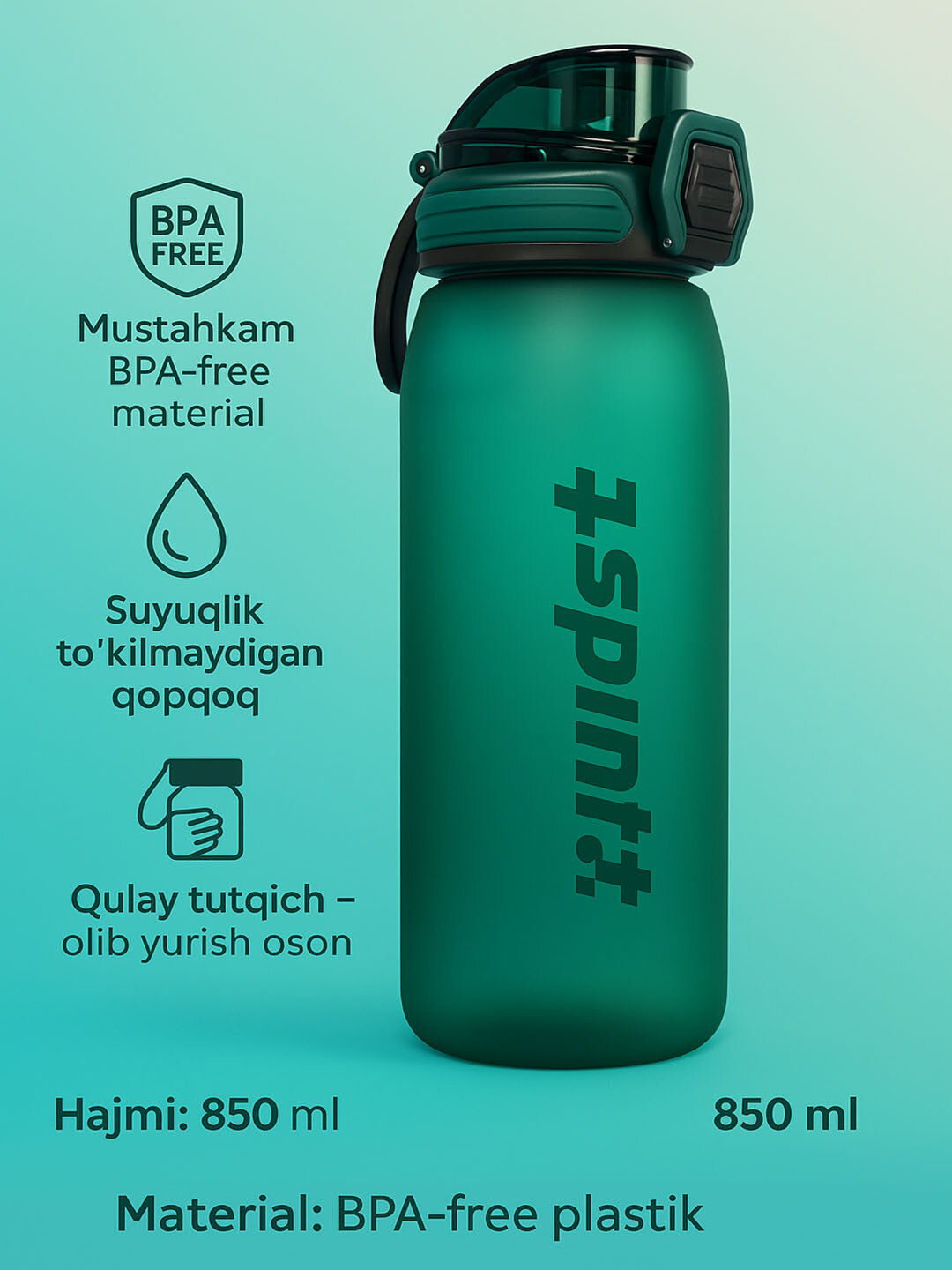 Спортивная бутылка для воды SpinIt 850ml, матовая, с удобной ручкой