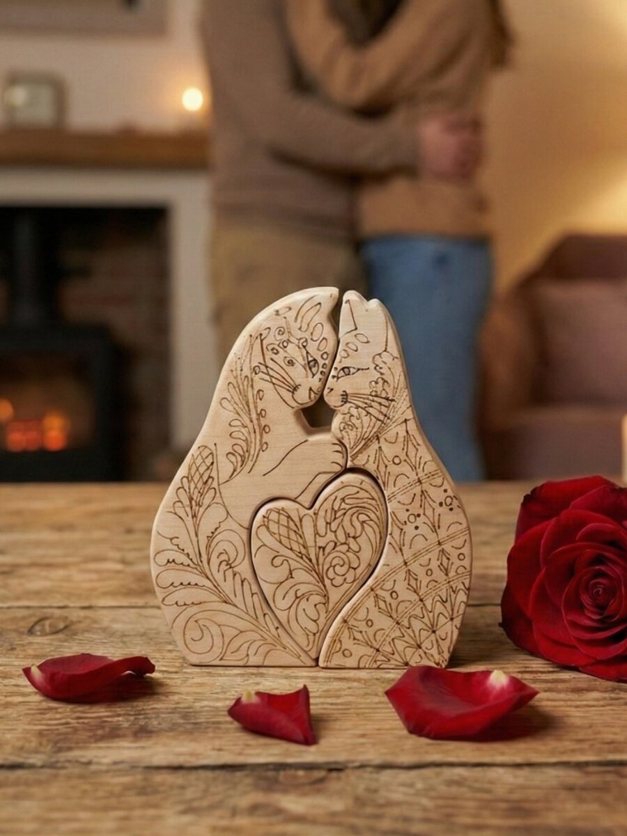 Статуэтка "Влюбленные коты" деревянная с орнаментом — фото 1