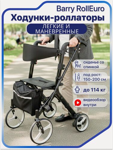 Изображение товара Ходунки-роллаторы для пожилых и инвалидов складные с мягким сиденьем и съемной сумкой, до 114кг, BARRY RollEuro