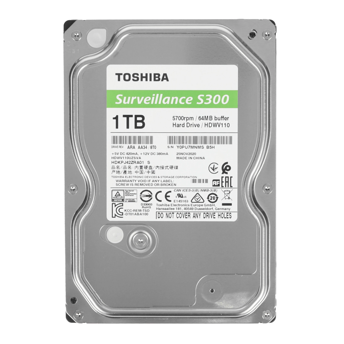 Жесткий диск Toshiba Surveillance S300 HDWV110UZSVA, 1 ТБ, 3.5", SATA III (6 Гбит/с), 5700 об/мин, серебристый
