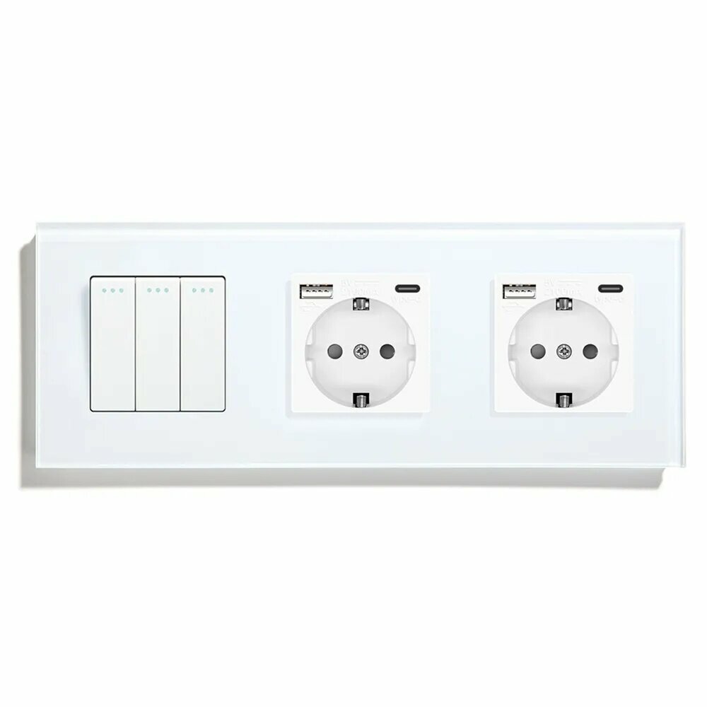 Выключатель механический с розеткой с USB и type-C, 3 клавиша 2 розетка , рамка стекло Белая 228мм