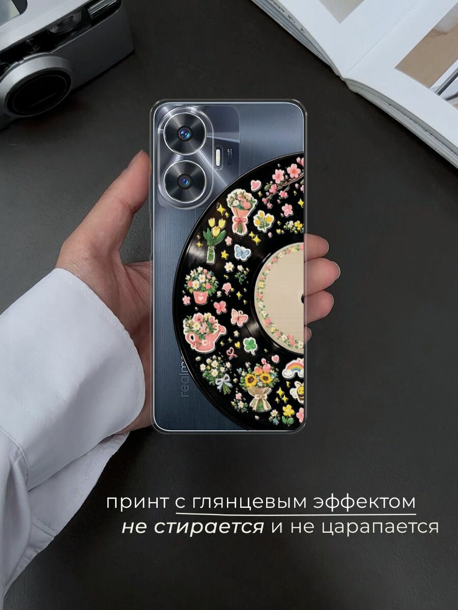 Силиконовый чехол на Realme C55 / Реалми C55 с принтом Виниловая пластинка с наклейками — фото 1