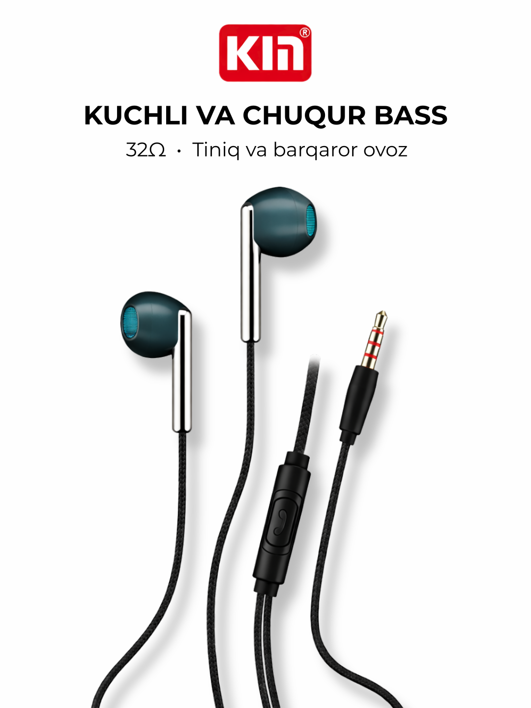 Проводные наушники KIN K103, 3.5 мм, 32Ω, динамик 10 мм, 18–20000Гц, кабель TPE 1.2 м (Чёрный)