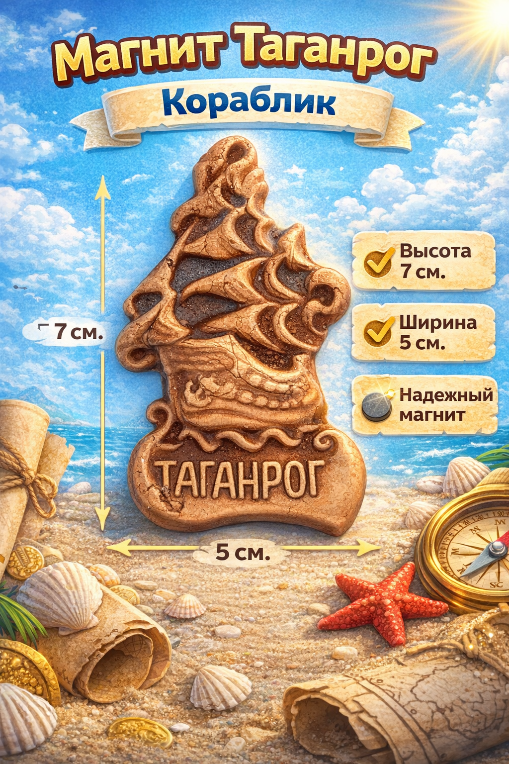 Магнит Таганрог - Корабль керамика ручной работы в коричневом цвете