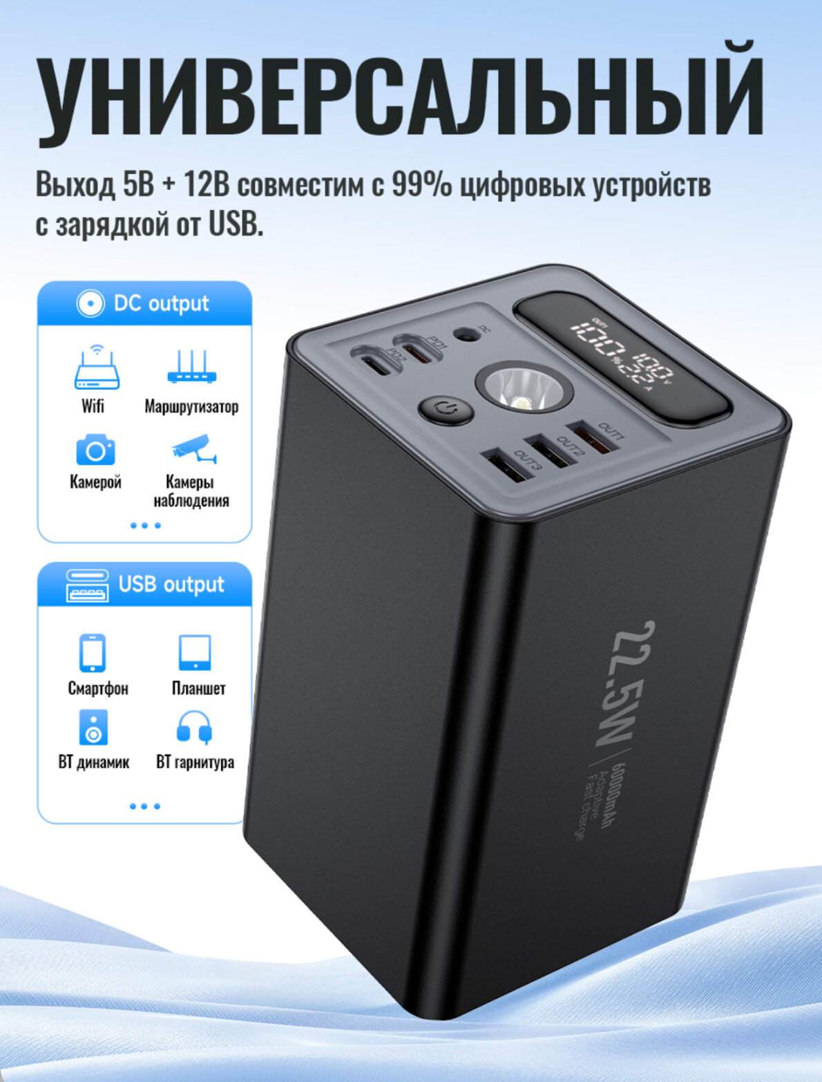 Повербанк Hoco J138 Distant 60000mAh (222Wh), 22.5W, PD/QC, DC 12V, LED дисплей, UPS, черный