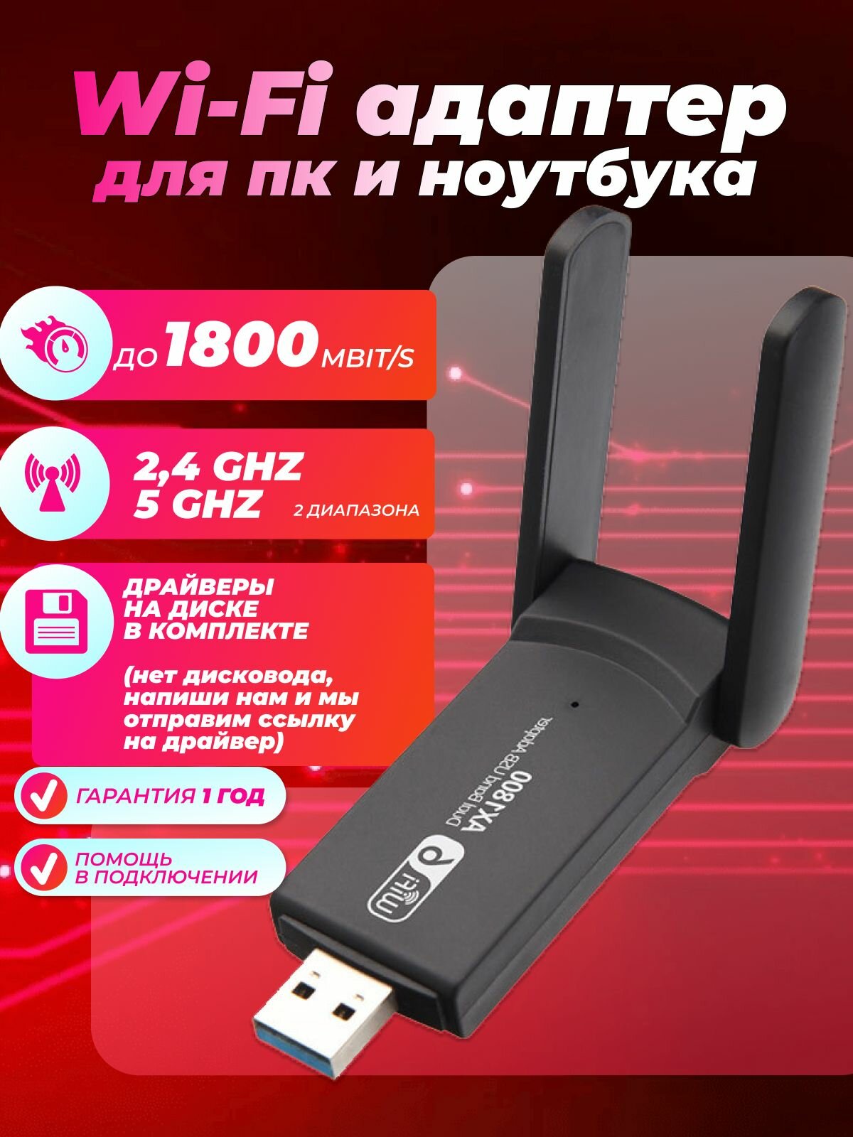 Двухдиапазонный сетевой Wi-Fi адаптер Techno Shop беспроводной приемник на 2.4 ГГц / 5.8 ГГц с Bluetooth 1800 Мбит/с и USB подключением для компьютера и ноутбука