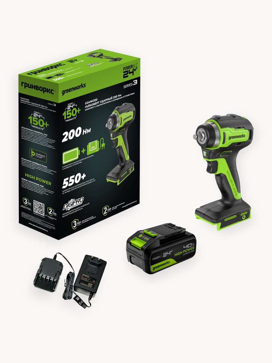 Гайковерт ударный 24V, б/щет, 3/8', 200Нм, 1х4Ач и ЗУ, 3803607CUB