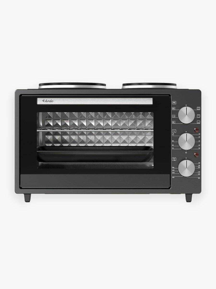 Мини-печь Ardo MO3831HPA2 38 литров с 2 конфорками, 3 режима, 2 противня + хромированная решетка, механический таймер