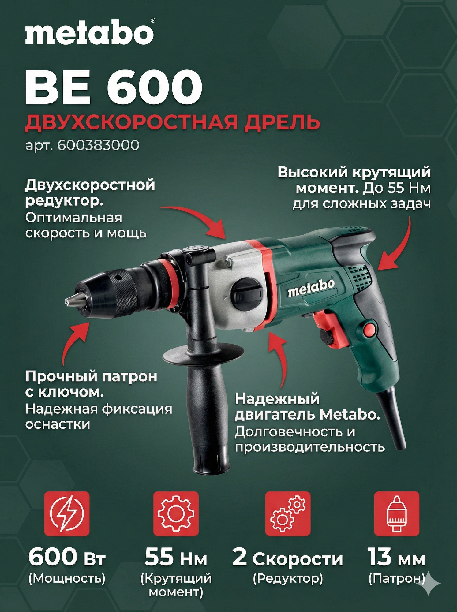 Электродрель Metabo BE 600, 600383000, двухскоростная, крутящий момент 55 Нм, мощность 600 Вт