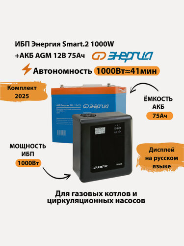 Изображение товара ИБП для котла Энергия Smart 2 1000 Вт + Аккумулятор 75 Ач 12 В (1000Вт - 41мин)