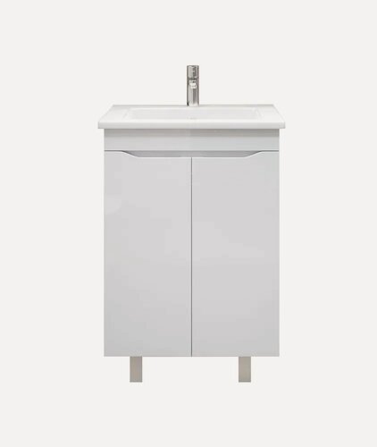 Изображение товара Тумба с раковиной Vigo Grani 60 напольная, 60 см, белая, глянцевая, из МДФ, с дверками, раковина для ванной фарфоровая, прямоугольная, встроенный слив-перелив