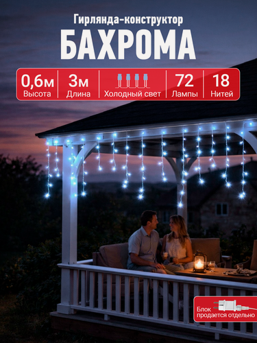 Изображение товара Электрогирлянда-конструктор "Бахрома" 72 холодных LED ламп, 18 нитей прозрачный провод, 3*0,6 м