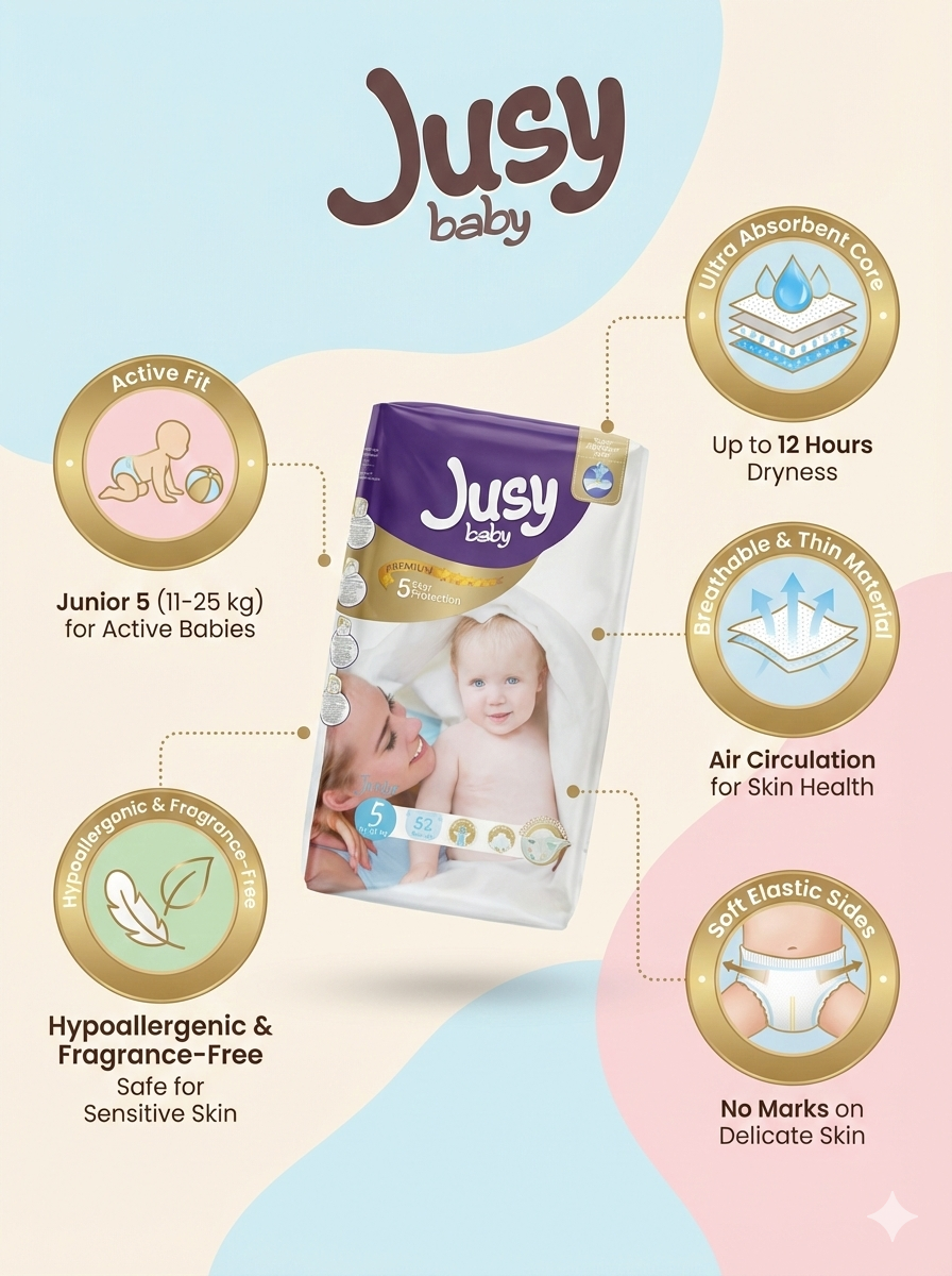 Подгузники Jusy Baby 5, ночные, для детей от 11 кг, 52 штуки, фиолетово-белые — фото 1