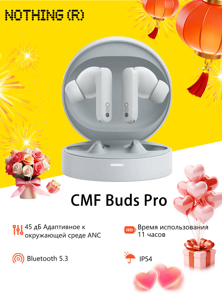 Наушники Nothing CMF Buds Pro Light Grey, беспроводные, Bluetooth 5.3, система шумоподавления, влагозащита