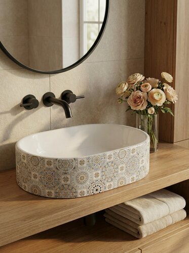 Изображение товара Раковина чаша накладная для ванной овальная Paffoss белая с рисунком 53 см.