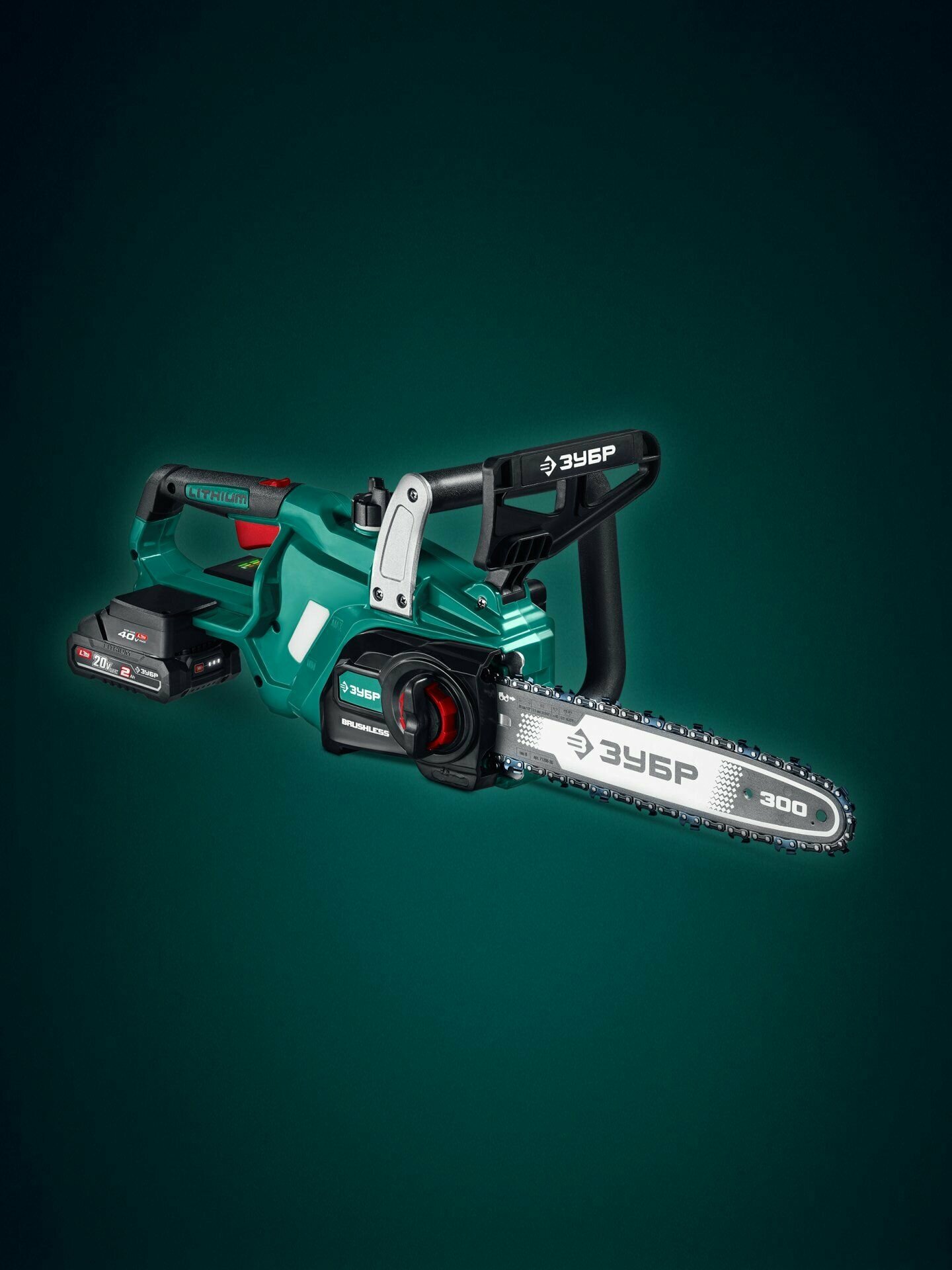 ЗУБР 40 В, (2x20В), 300 мм шина, 2 АКБ LMS (2 Ач), пила цепная аккумуляторная (ПЦБ-4030-22)
