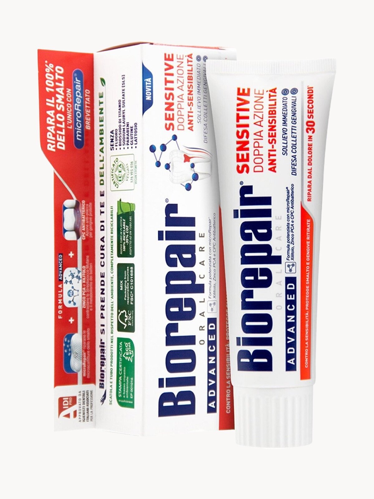 Зубная паста для чувствительных зубов и десен Biorepair Sensitive Double Action, без фтора, 75 мл