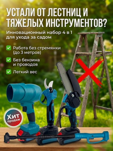 Изображение товара Секатор, мини пила, воздуходувка и садовый триммер - набор для сада аккумуляторный 4 в 1, 2 аккумулятора в комплекте