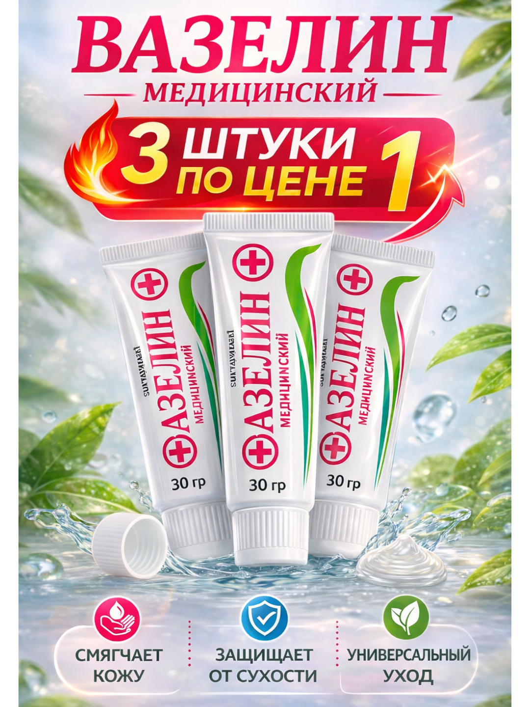 Вазелин медицинский 30 г, косметический вазелин для кожи и губ, набор из 3 штук