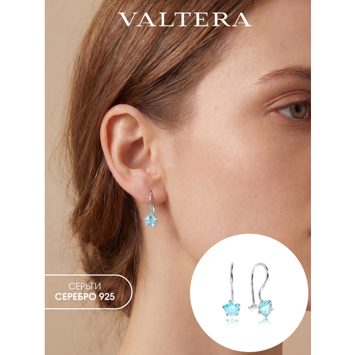 фото Серьги valtera, серебро, 925 проба, родирование, фианит, размер 15 мм, длина 1.5 см, , голубой, серебристый