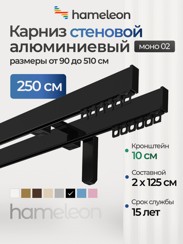 Изображение товара Карниз для штор хамелеон моно 02, двухрядный, настенный, черный глянец, 250 см, алюминиевый, кронштейны 10 см.