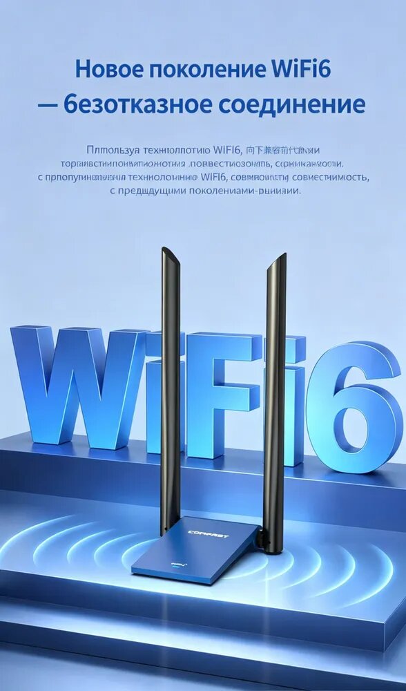 Беспроводной USB‑адаптер 1800 Мбит/с Wi‑Fi 6 двухдиапазонный + Bluetooth 5.4, без драйверов, внешняя антенна для ПК