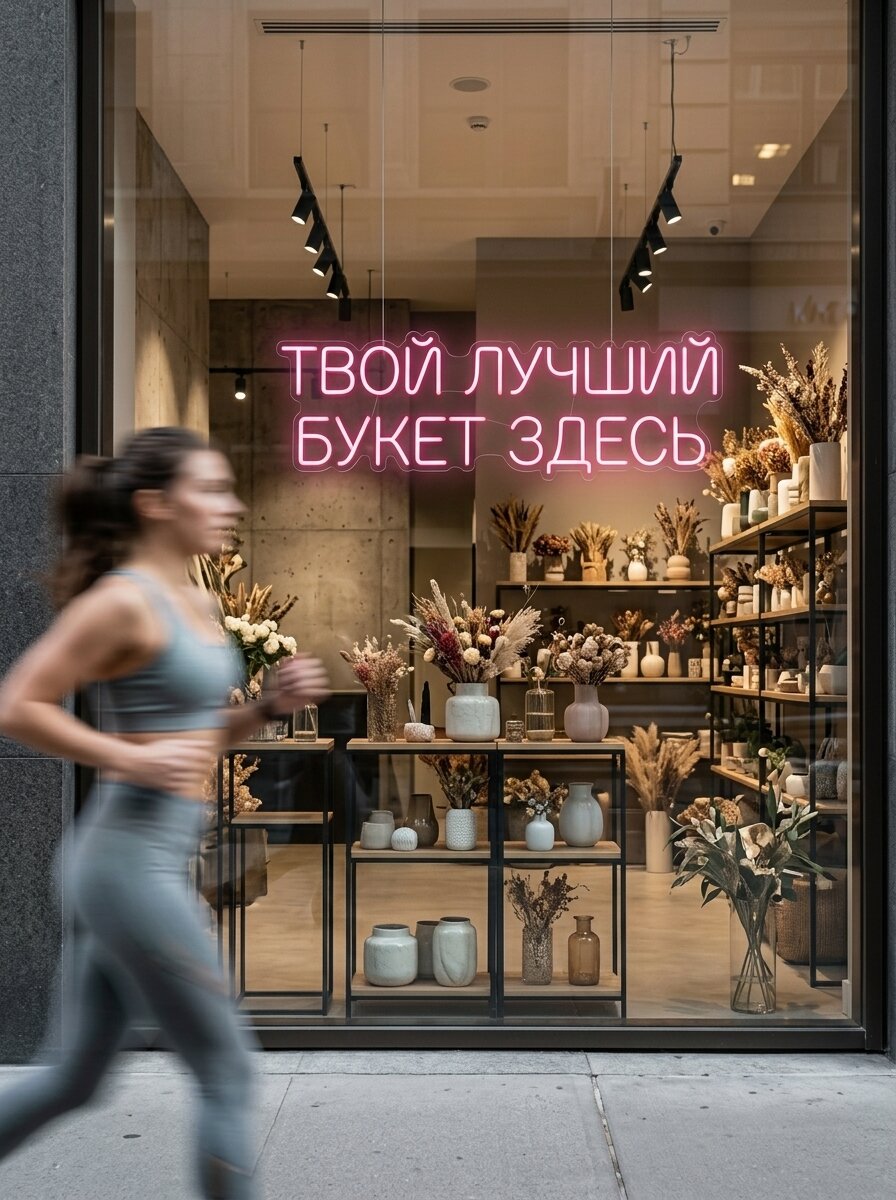 Неоновая вывеска "Твой лучший букет здесь" 90х30см, неоновая надпись, LED светильник для цветочного магазина