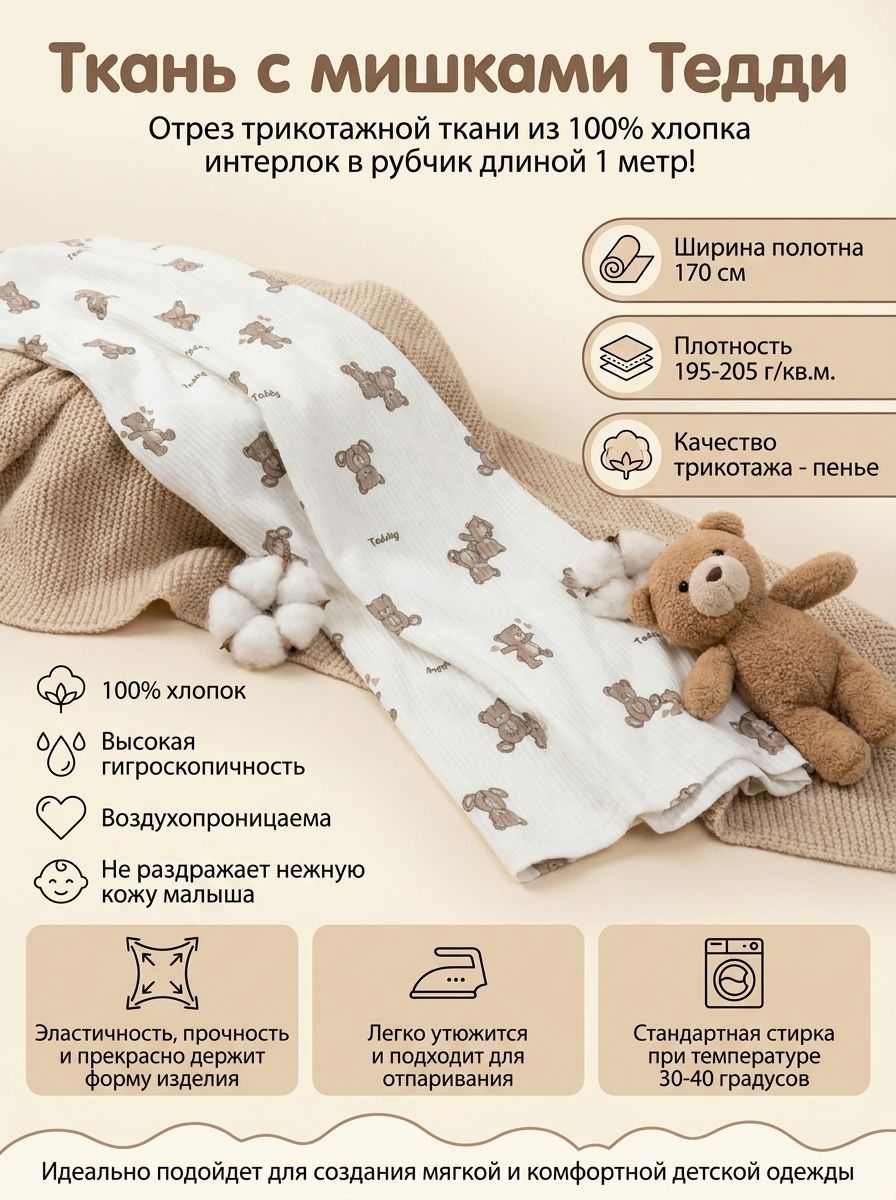 Ткань для шитья интерлок рубчик детский 1м