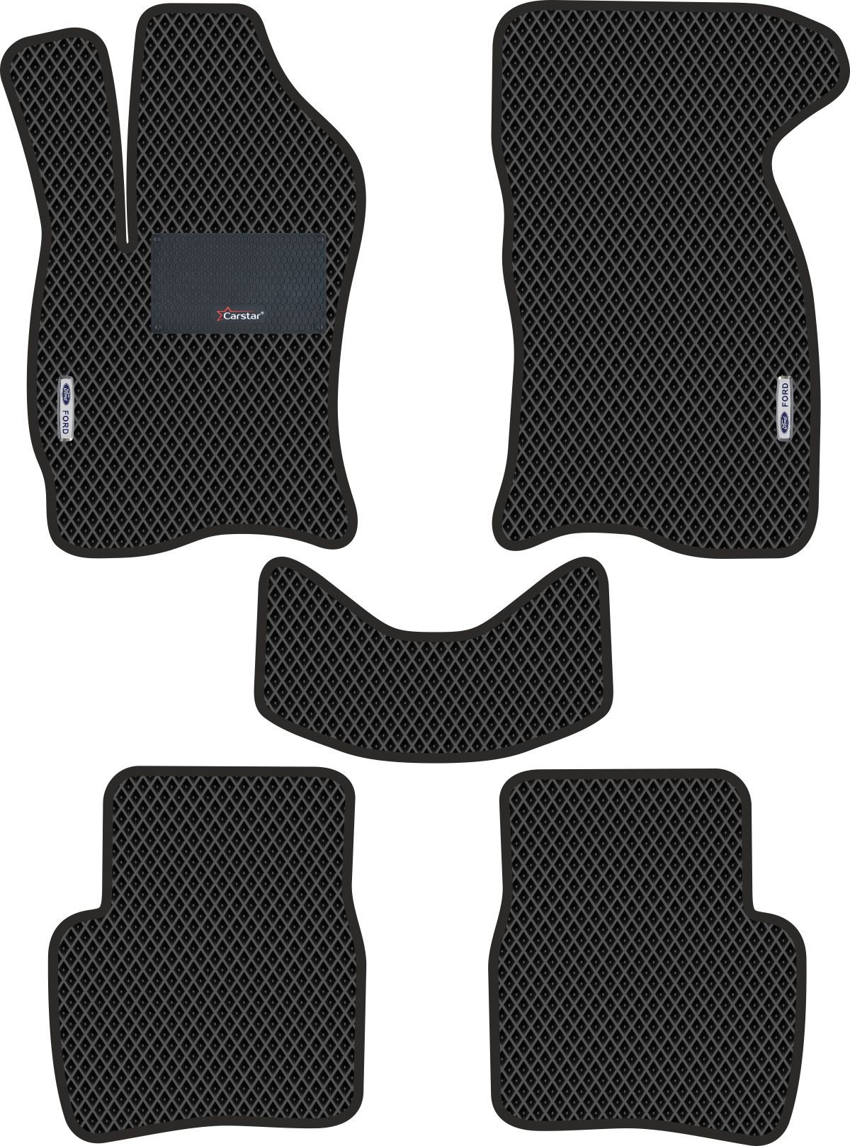 Автомобильные коврики EVA для Ford Mondeo III (2000-2007), с каучуковым подпятником и 2 эмблемами Ford, чёрные с чёрным кантом, ячейка - ромб
