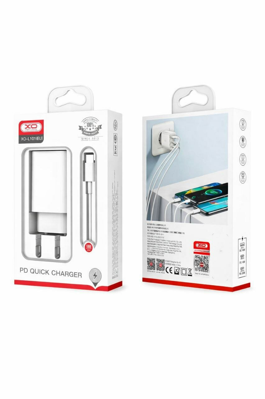 Быстрое зарядное устройство XO L101 (EU) с кабелем Type-C, Power Delivery, белое
