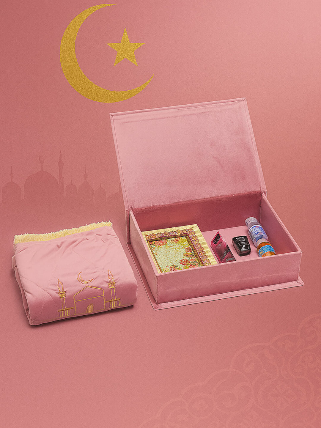 Набор молитвенный для намаза, книга, коврик, четки, мисвак, мушк, в подарочной упаковке - Сиреневый
