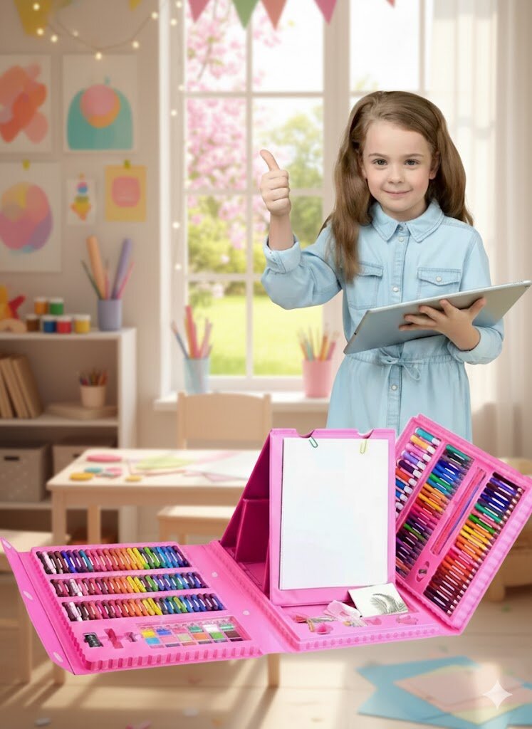 Детский набор для рисования 208 предметов, розовый чемоданчик с мольбертом — фото 1