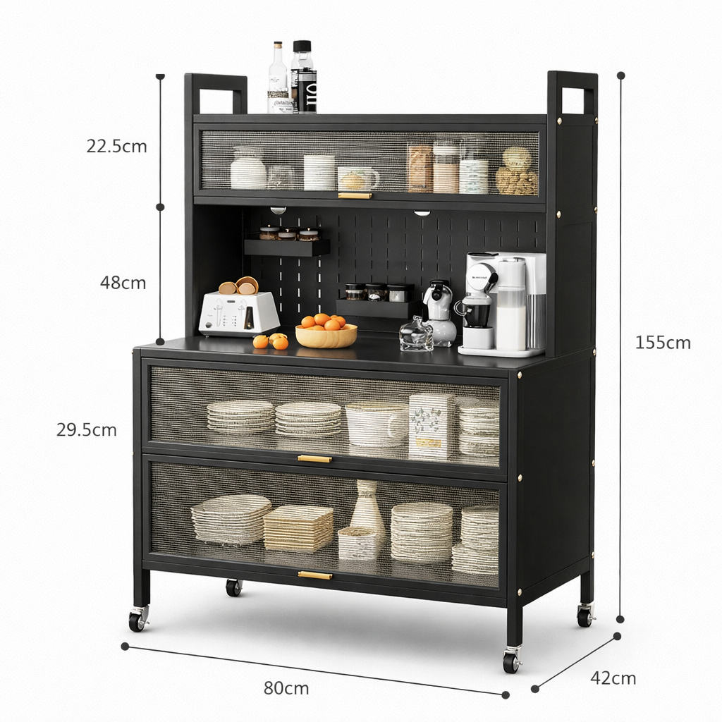 Стальной кухонный шкаф с перфорированной панелью и колёсиками