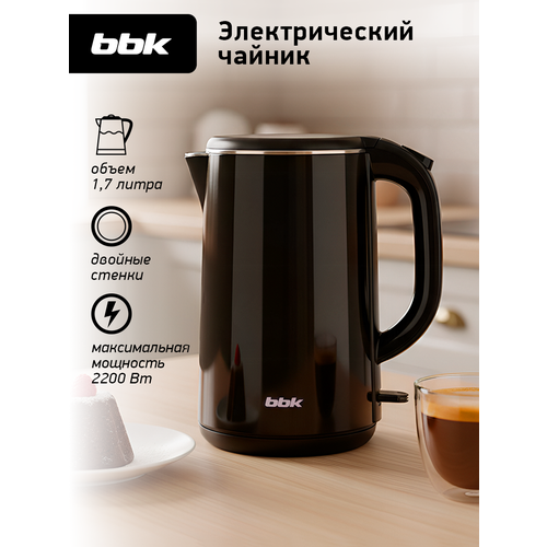фото Чайник электрический с двойными стенками bbk ek1811 черный, объем 1.7 л, мощность 1850-2200вт