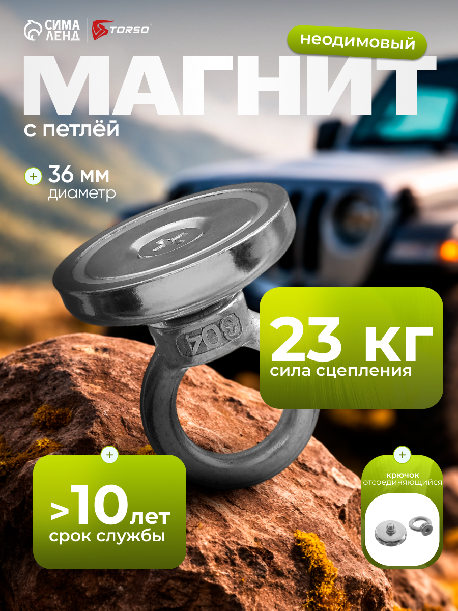 Магнит неодимовый Cartage с петлёй для авто, d=36 мм, сцепление 23 кг