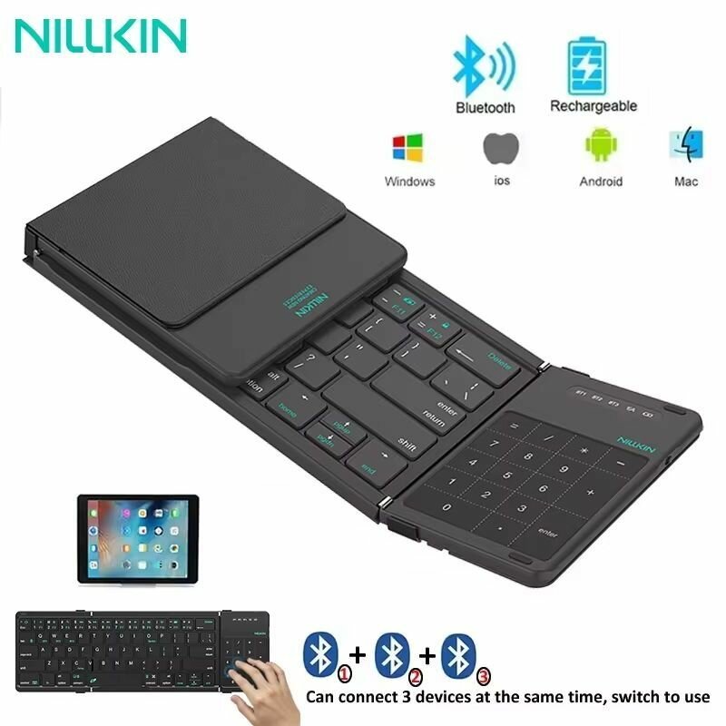 NILLKIN Складная Bluetooth-клавиатура, с сенсорной панелью, для планшета/iPad/ноутбук/компьютера/телефона, Офис Мини портативная беспроводная клавиатура (черный)