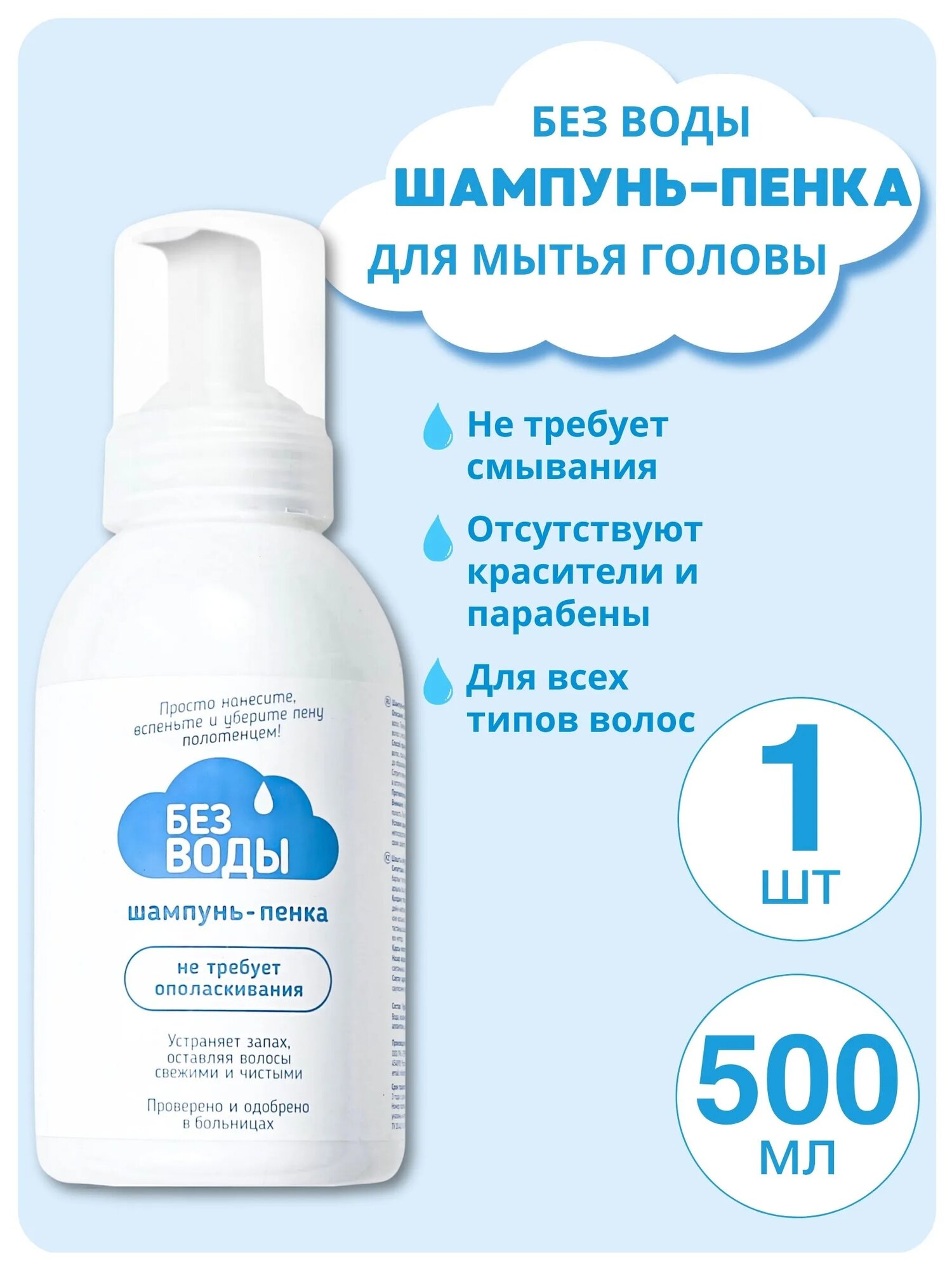 Шампунь пенка «без воды» для лежачих больных 500 мл, Россия.