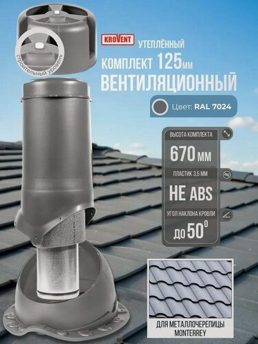 Изображение товара Вентиляционный выход на крышу (комплект) 125 мм h-500 утеплённый Krovent, труба вытяжная на крышу с грибком и проходным элементом для металлочерепицы Монтеррей, серый (Ral 7024)