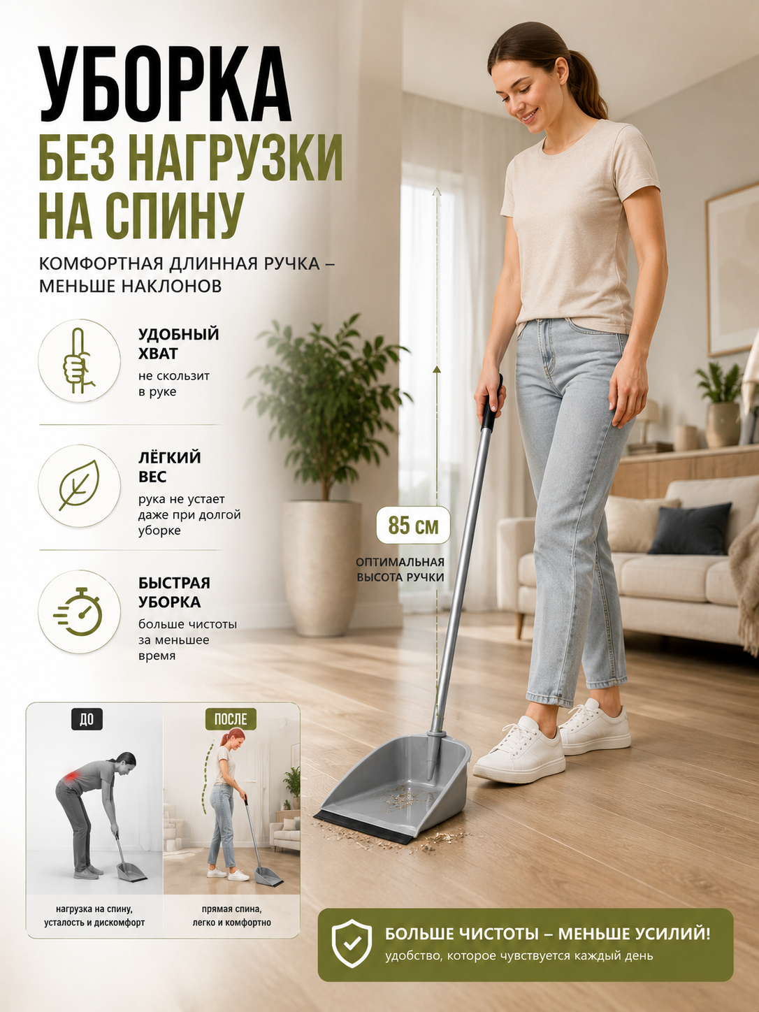 Совок для уборки с длинной ручкой 80 см, цвет серый, In`loran