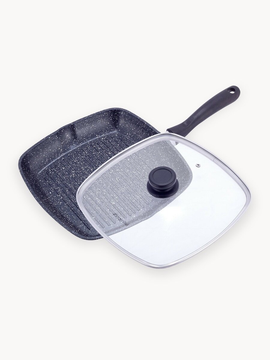 Сковорода-гриль с крышкой Kamille KM-4431 с мраморным покрытием (черный)