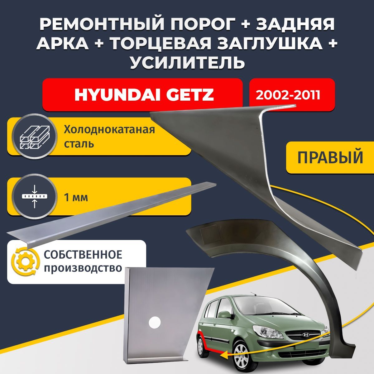 Правая ремонтная задняя арка (0,8 мм) и правый стандартный ремонтный порог + торцевая заглушка + усилитель, на Hyundai Getz 1 2002-2011 хэтчбек 5 дверей (Хендай Гетц 1). Холоднокатаная сталь 1 мм