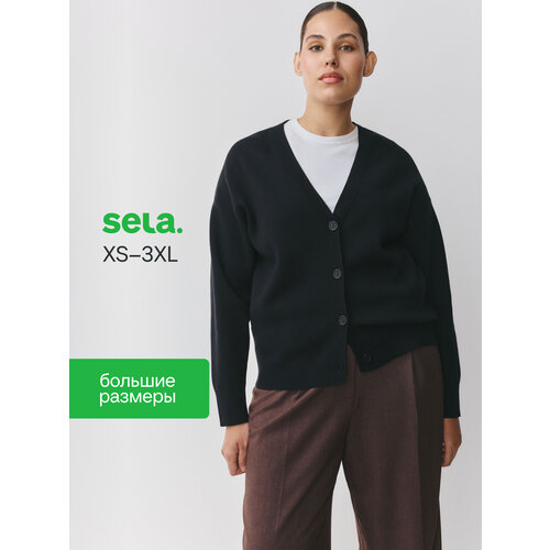 фото Кардиган sela вязаный базовый, размер 44, черный