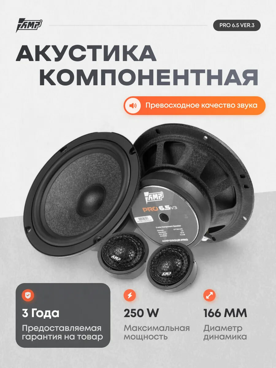 AMP PRO 6.5 ver.3 Акустика компонентная; 16,5 см; 2-х полосная; 250w; 3 Ом; 95db