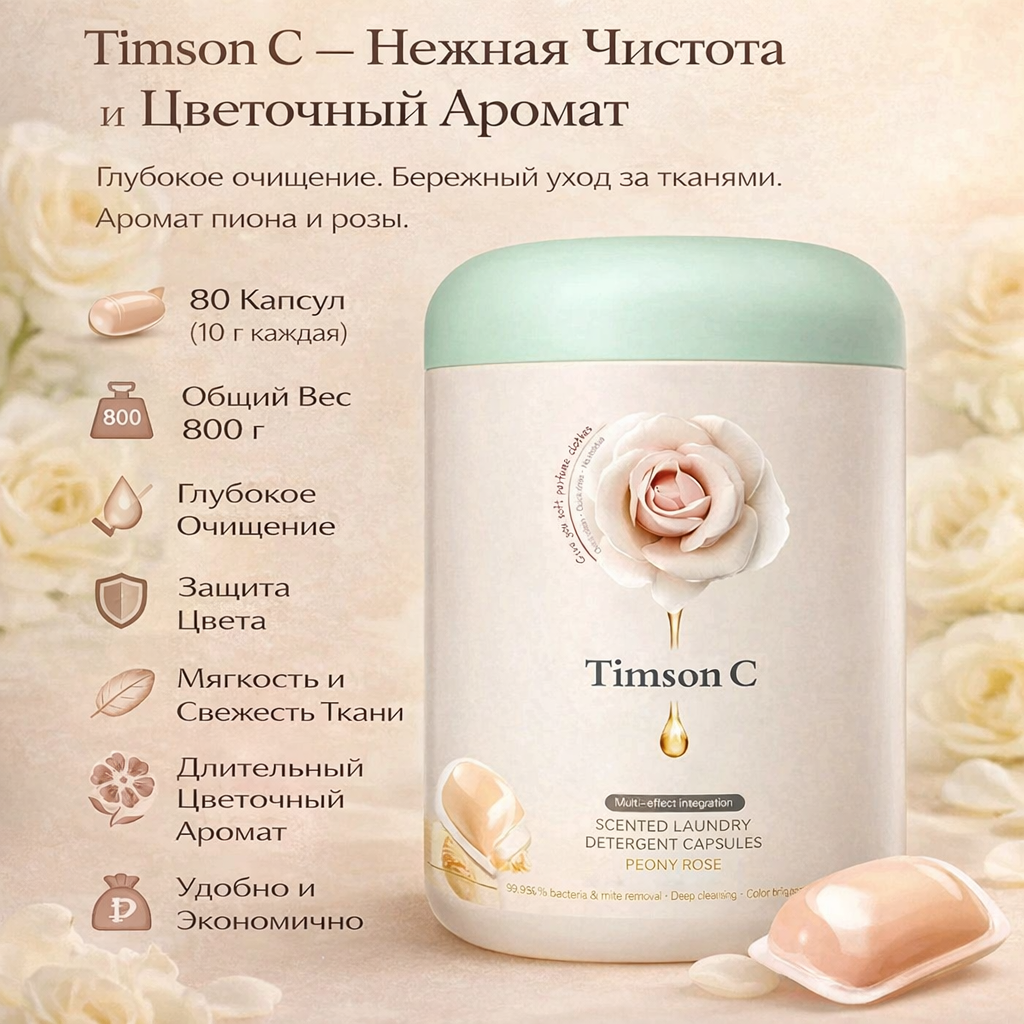 Timson C «Море цветов» — Ароматные капсулы для стирки 5 в 1 (80 шт)