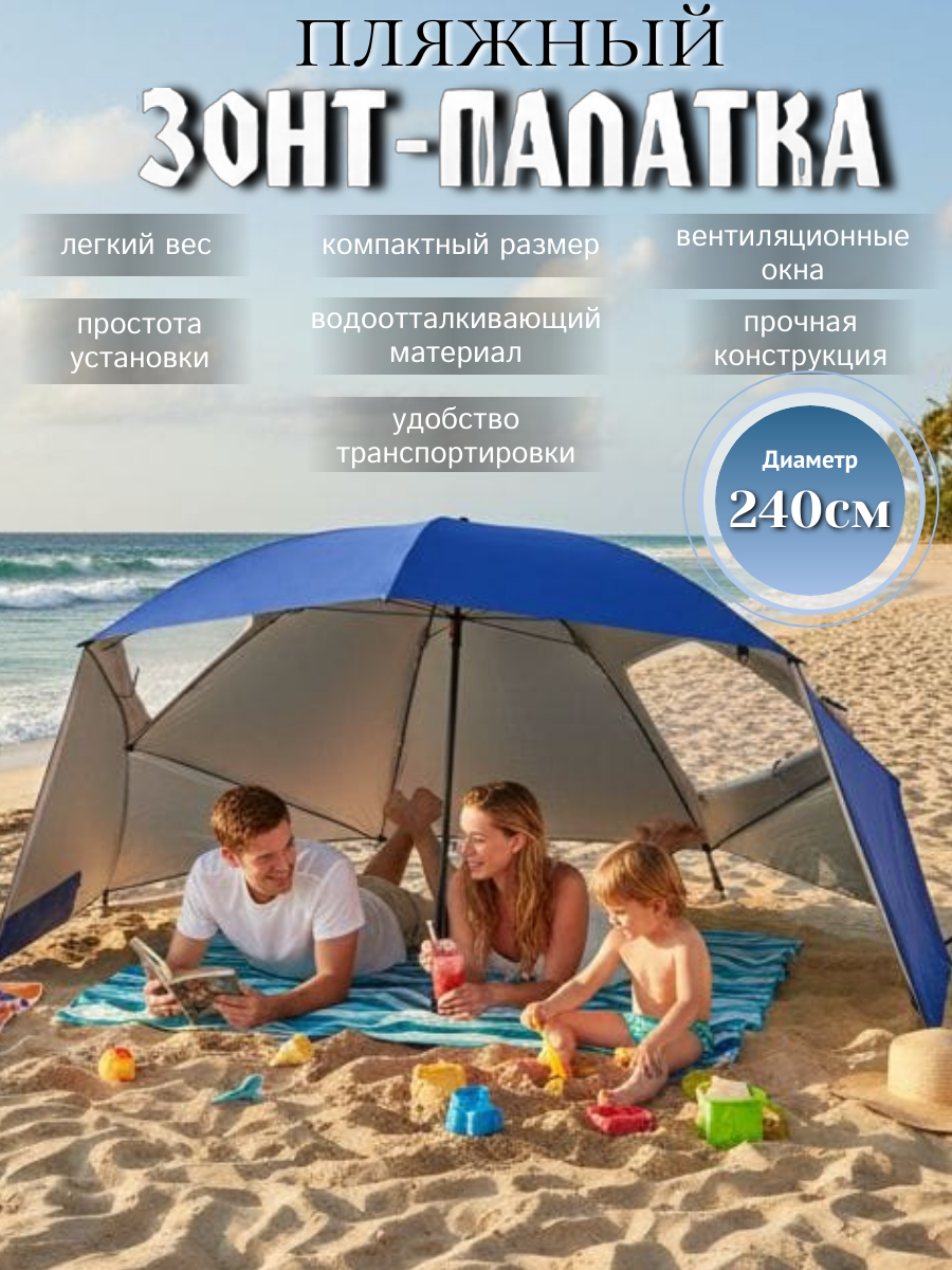 Зонт пляжный, складной, с ручным механизмом открывания, оксфорд, металл, длина 240 см, голубой