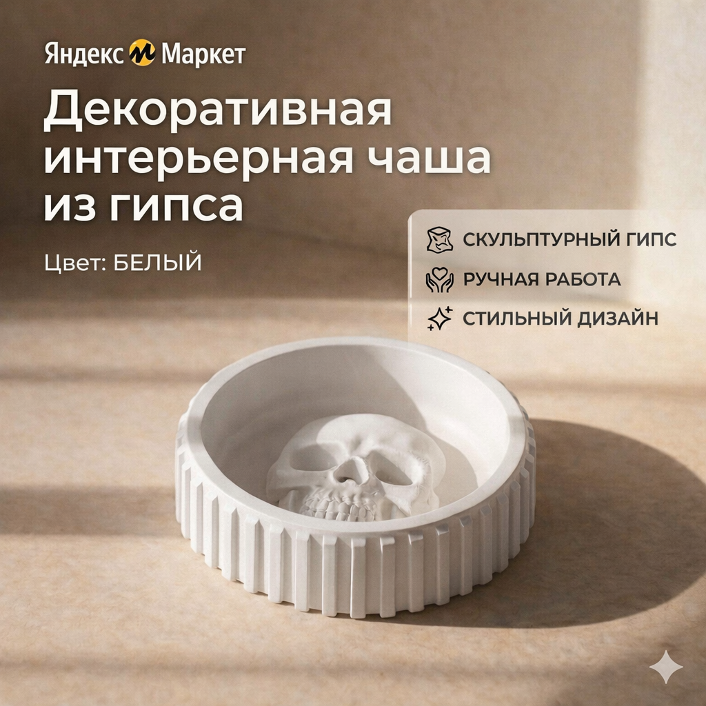 Декоративная интерьерная чаша из скульптурного гипса с рельефным элементом